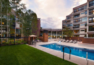 The pool area of a condo building in Vail to relax in after checking out the GoPro Mountain Games.