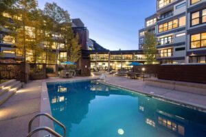 A pool at a condo rental building to relax in while getting used to the elevation in Vail.